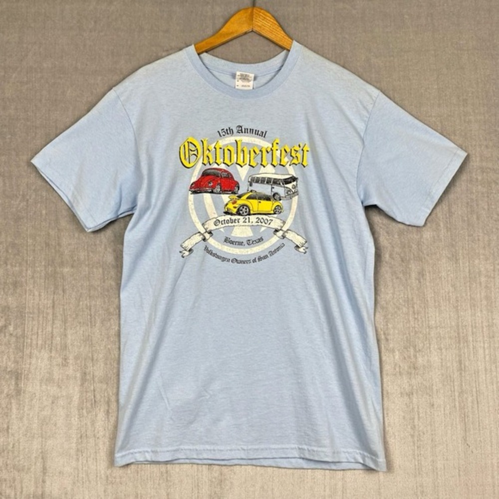 Gildan Oktoberfest Graphic T Shirt Womens M Pastel Blue 100% Cotton Boerne Texas